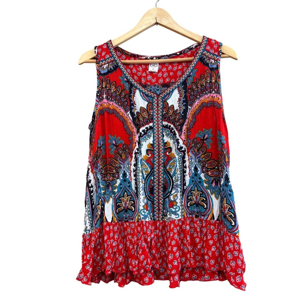 Bila Womens Paisley & Floral Print Sleeveless Top Red/Multicolor Ruffle Hem M